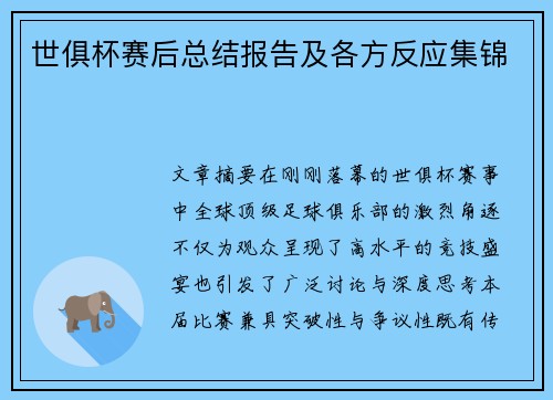 世俱杯赛后总结报告及各方反应集锦