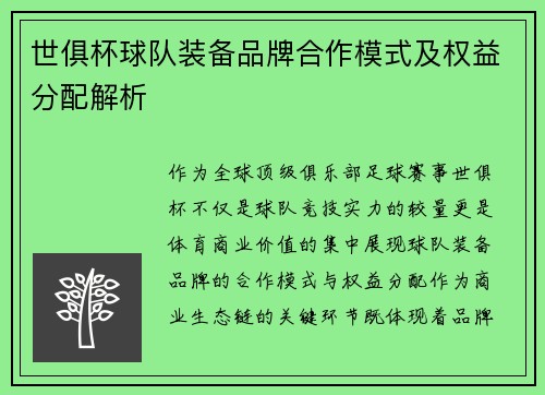 世俱杯球队装备品牌合作模式及权益分配解析
